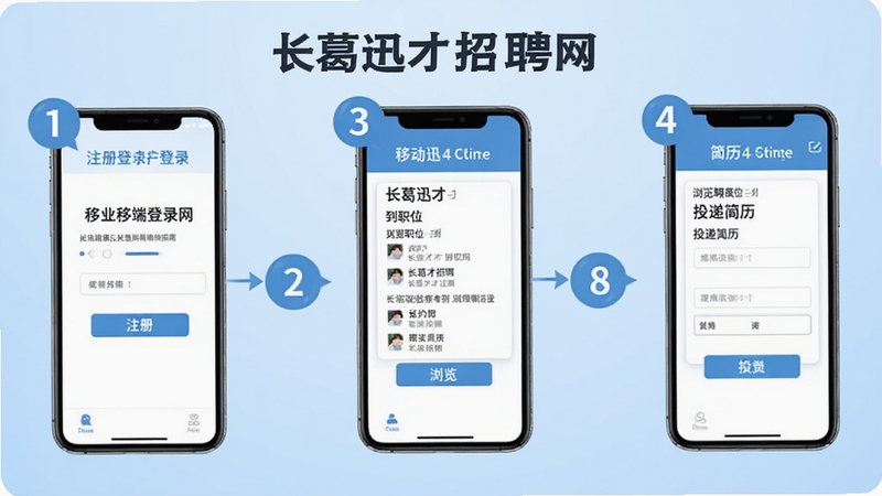 长葛迅才招聘网 移动端操作指南示意图,画面展示手机屏幕从注册登录到浏览职位再到投递简历的连续操作步骤,每个步骤用数字气泡标注,背景为浅蓝色渐变,风格清晰直观,适合新手快速理解