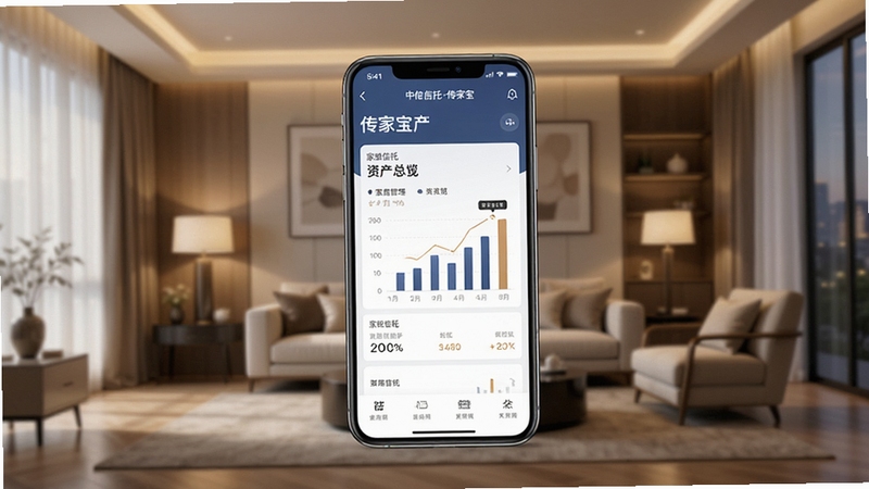 中信信托传家宝应用界面全景展示,画面中央为手机屏幕显示家族信托资产总览图表,背景为现代简约家居环境,暖色调灯光,突出财富管理与家庭传承氛围,高清写实风格
