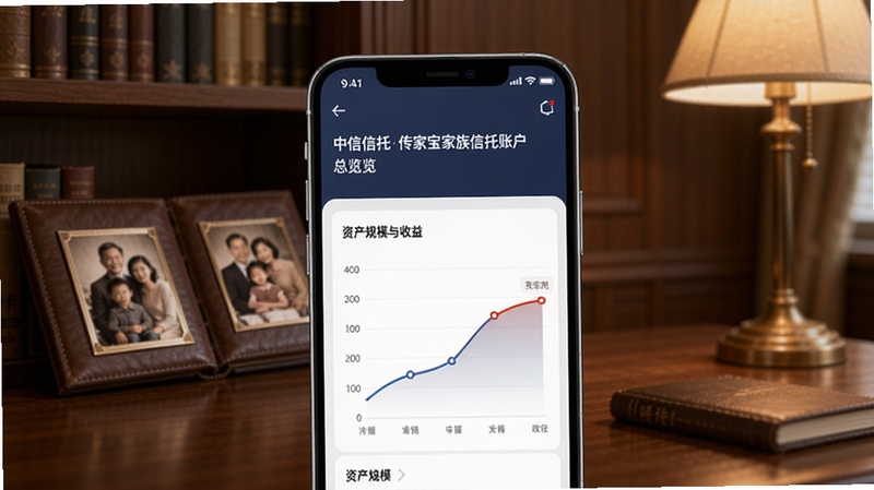 中信信托传家宝家族信托账户总览界面,手机屏幕显示资产规模与收益曲线图,背景为书房场景,书架上摆放家族相册,光线柔和,体现财富传承与家庭记忆
