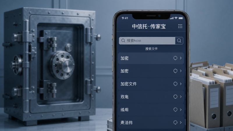 中信信托传家宝合同管理界面,手机屏幕展示加密文件列表与搜索框,背景为保险柜与文件夹,冷色调,强调安全与秩序