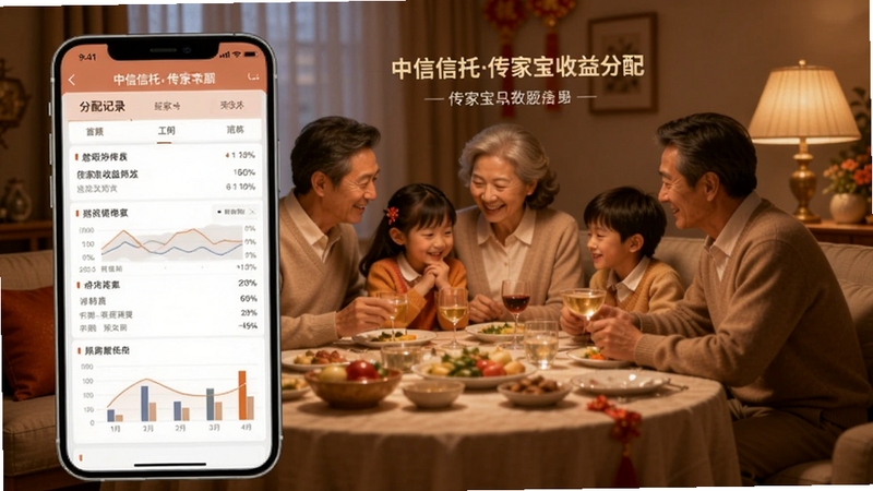 中信信托传家宝收益分配界面,手机屏幕显示分配记录列表与图表,背景为家庭聚会场景,暖色灯光,突出财富惠及家人的主题