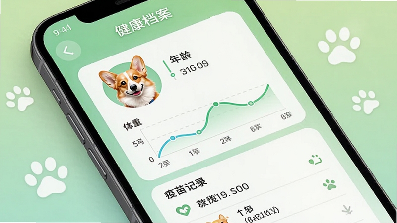 微宠医 健康档案界面,手机屏幕显示一只柯基犬的详细档案卡片,包含头像、年龄、体重曲线图和疫苗记录列表,背景为浅绿色渐变,周围点缀宠物爪印图标,整体呈现数据可视化风格
