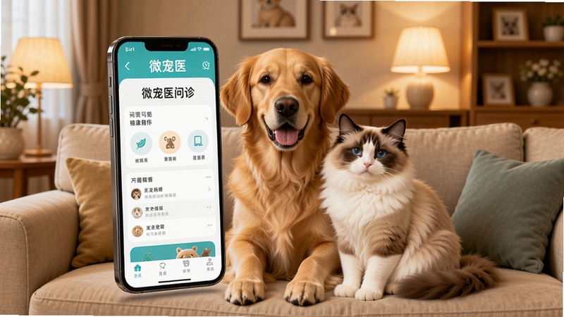 微宠医 软件主界面展示,画面中央为一只金毛犬和一只布偶猫安静地坐在沙发上,背景是温馨的居家客厅环境,暖色调灯光,手机屏幕悬浮在前方展示微宠医问诊界面,整体风格清新治愈,适合宠物健康类应用宣传图