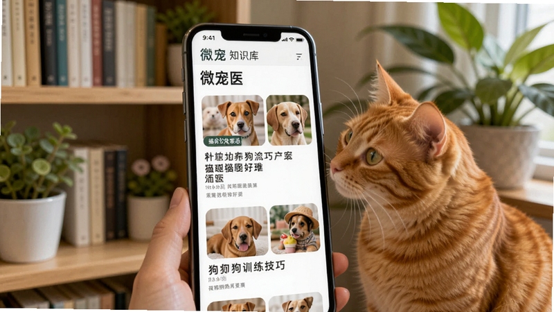 微宠医 知识库页面,手机屏幕展示多篇养宠文章封面,包括猫咪饮食禁忌、狗狗训练技巧等标题,背景为书架与绿植,营造学习氛围,画面中心有一只橘猫好奇地看着屏幕