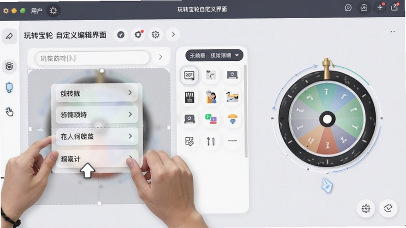 玩转宝轮自定义编辑界面,画面展示用户正在拖拽编辑轮盘上的选项,屏幕上有文字输入框和图标选择面板,轮盘实时预览效果显示在右侧,整体界面清晰直观,背景为淡雅的灰白色调,突出编辑功能的便捷性