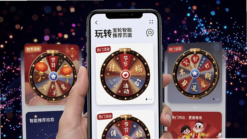 玩转宝轮智能推荐页面,画面展示手机屏幕上呈现多个推荐轮盘卡片,卡片上有节日主题、热门活动等标签,背景为动态的粒子光效,突出智能推荐与更新内容的丰富性