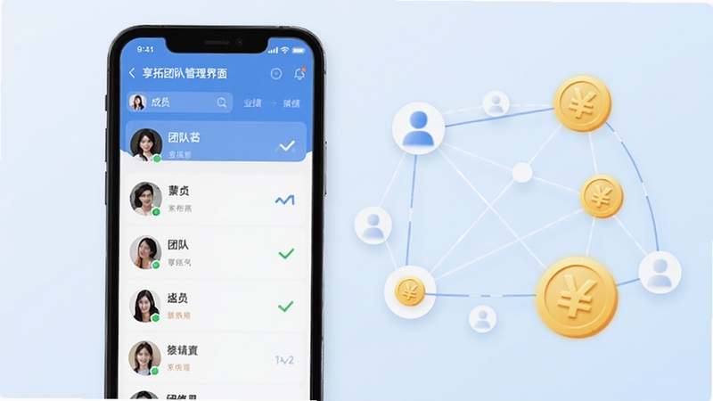 享拓团队管理界面预览图,画面展示手机屏幕中的团队成员列表与业绩数据面板,屏幕旁有抽象的团队连接线条与金币图标,背景为淡蓝色调,风格简洁明快,适合Boogu模型生成