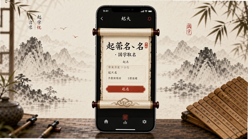 起名大师国学取名 软件界面全景展示,画面中央为古风卷轴式起名输入框,背景为淡雅水墨山水与竹简元素,整体色调以米白、墨黑、朱红点缀,突出国学文化氛围与移动应用界面融合