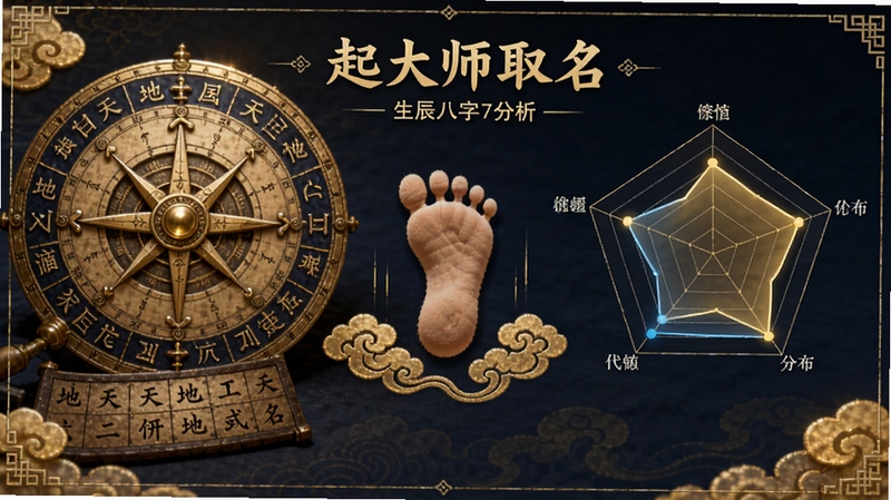 起名大师国学取名 生辰八字分析界面,画面左侧为古风罗盘与天干地支表盘,右侧为五行分布雷达图,中央有新生儿脚印与祥云纹样,整体采用暖金色与深蓝色调,体现传统命理与现代数据可视化结合