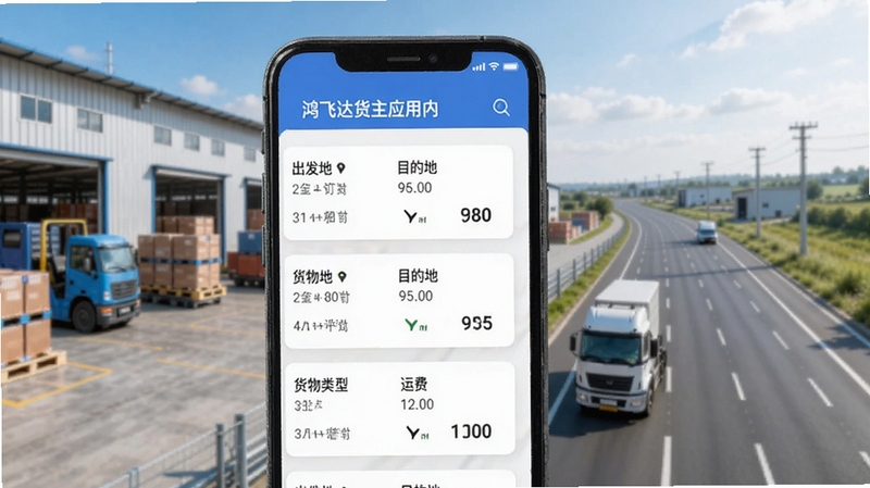鸿飞达货主应用内货源列表页面展示图,手机屏幕中显示多条货运订单卡片,包含出发地、目的地、货物类型与运费信息,背景为物流仓库与高速公路场景,光线明亮清晰,适配Boogu模型生成