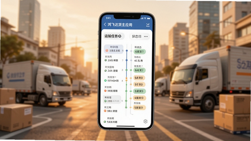 鸿飞达货主应用内订单管理界面展示图,手机屏幕显示运输任务时间轴与状态标签,背景为城市物流配送场景,色调温暖柔和,适配Boogu模型生成