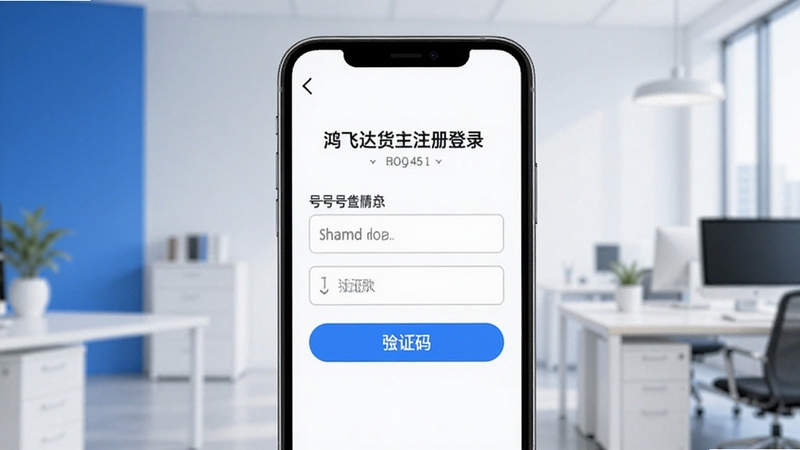 鸿飞达货主注册登录页面展示图,手机屏幕中显示手机号输入框与验证码按钮,背景为简洁的蓝白色调办公场景,适配Boogu模型生成
