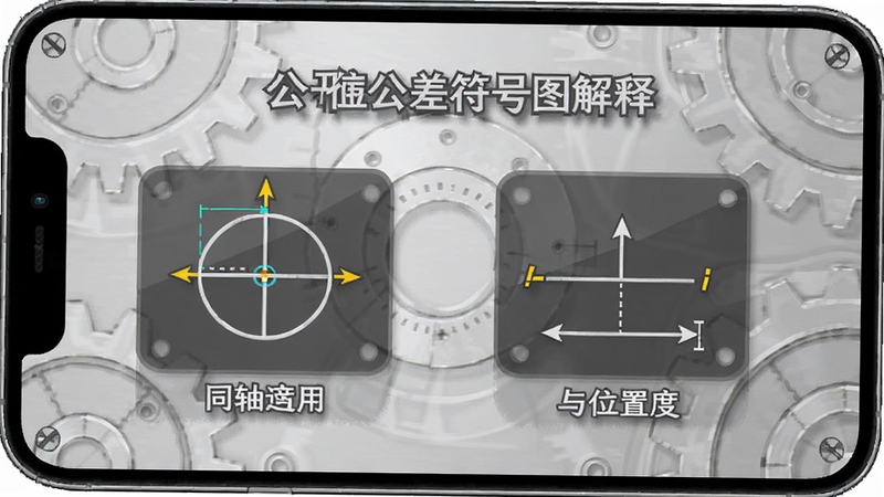 公差通APP内形位公差符号图解释义页面,屏幕显示同轴度与位置度图标,背景为浅灰色工业风设计