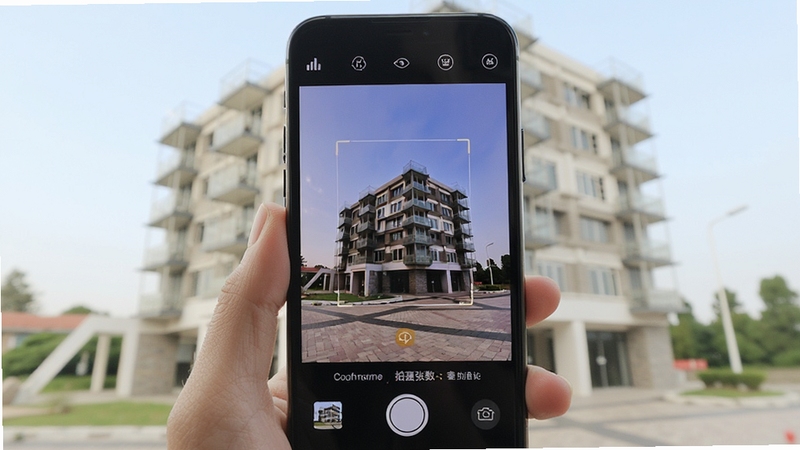 云端地球手机拍照建模界面,画面展示手机屏幕中正在拍摄一栋建筑的多角度照片,屏幕上有拍摄引导框和已拍摄张数提示,背景为户外建筑场景,风格写实明亮