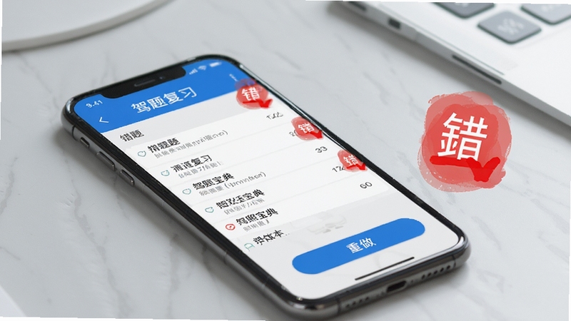 驾照宝典错题本功能展示图,手机屏幕显示错题列表与重做按钮,旁边有红色标记的错题图标,背景为浅灰色桌面,画面风格清爽,突出错题复习场景