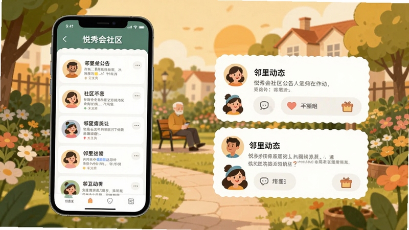 悦秀会社区公告与邻里互动界面展示,手机屏幕呈现公告列表与邻里动态卡片,背景为温馨社区花园场景,暖色调,扁平插画风格,细节清晰