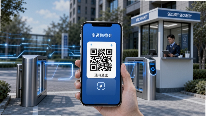 悦秀会访客通行功能示意图,手机屏幕显示二维码通行证,背景为现代小区门禁闸机与保安亭场景,科技感线条点缀,蓝白色调,高清写实风格