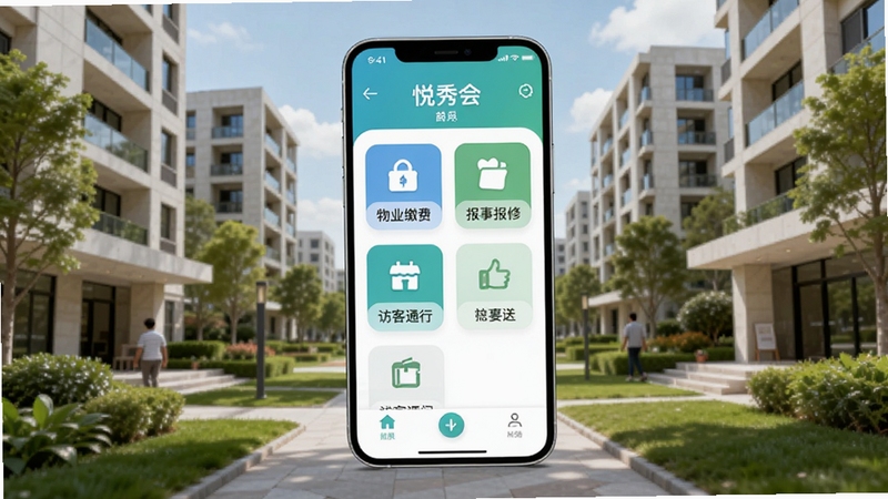 整体展示悦秀会移动端应用界面全貌,画面中央放置一部智能手机,屏幕显示悦秀会首页包含物业缴费、报事报修、访客通行等功能图标,背景为现代社区楼宇与绿化环境,整体色调清新蓝绿搭配,扁平化UI风格,高清细节,适配Boogu模型生成