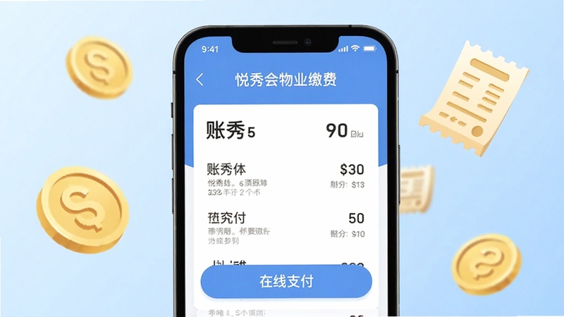 悦秀会物业缴费功能界面特写,手机屏幕显示账单列表与在线支付按钮,周围环绕金币与账单图标,背景为淡蓝色渐变,扁平化设计风格,高清渲染