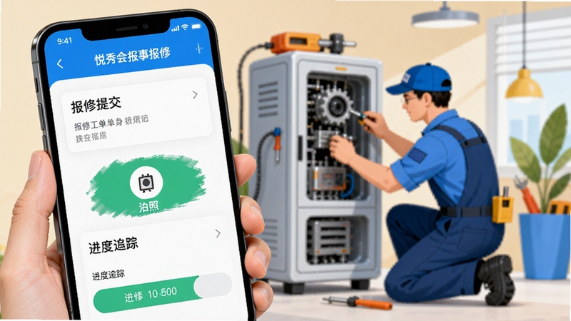 悦秀会报事报修功能场景图,手机屏幕展示报修工单提交页面,包含拍照上传按钮和进度追踪条,背景为维修工人正在检修设备的插画风格,明亮色调,细节丰富