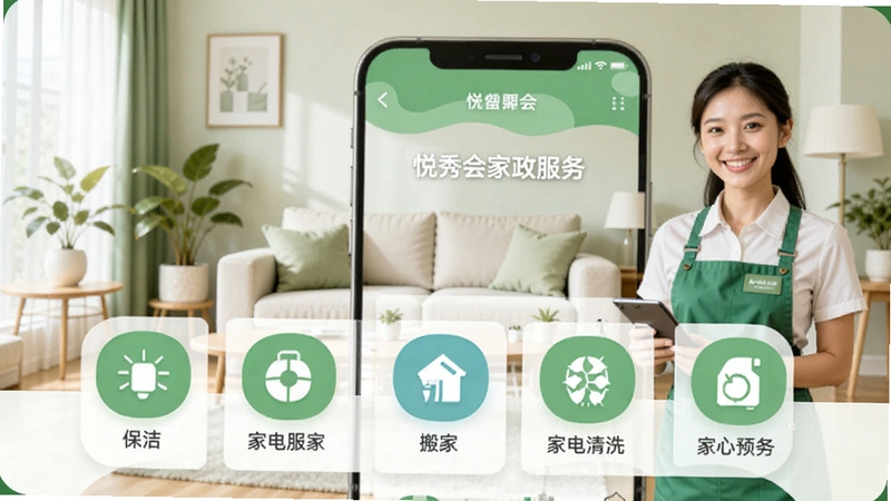 悦秀会家政服务预约功能界面,手机屏幕显示保洁、搬家、家电清洗等服务分类图标,背景为整洁家居环境与微笑服务人员,清新绿色调,扁平化设计