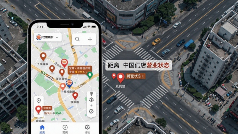 汉堡王中国门店查询功能展示图,手机地图界面标注多个门店位置,背景为城市街道俯视图,色调清新,突出距离和营业状态标签