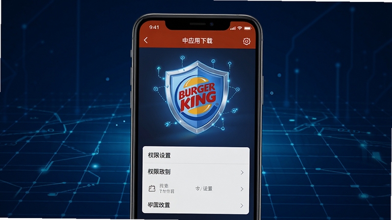 汉堡王中国应用安全下载与权限管理示意图,手机屏幕显示权限设置界面,背景为简洁的蓝色科技感网格,突出安全盾牌图标