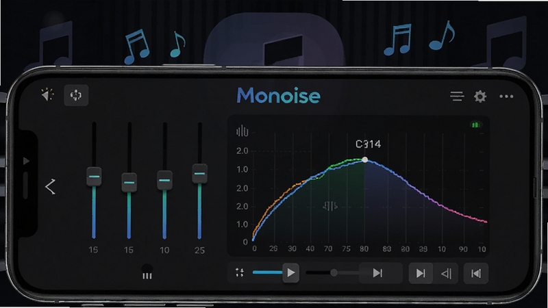 Monoise软件音效调节界面,手机屏幕显示均衡器滑块与频段曲线,背景为深色音乐主题,有音符元素飘浮,画面突出Monoise品牌标识,科技感十足