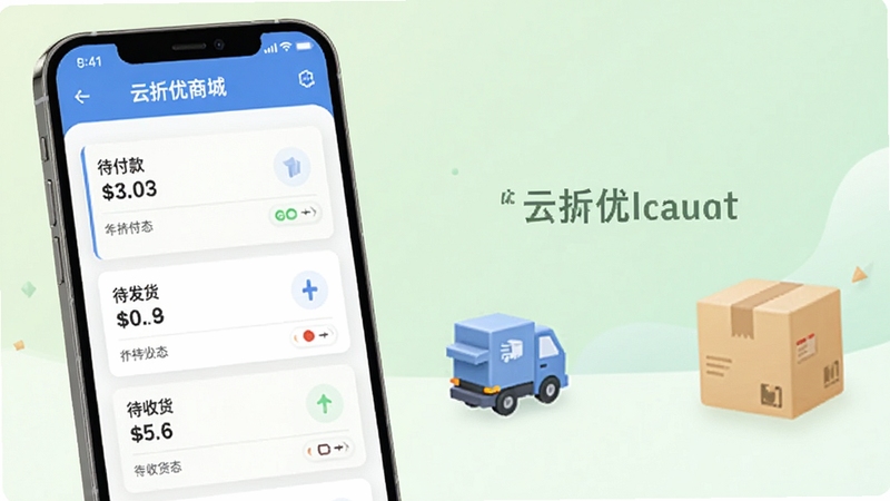 画面展示云折优商城订单管理界面,手机屏幕中排列着待付款、待发货、待收货等状态卡片,旁边有物流小车图标与包裹元素,背景为柔和的浅绿色渐变,整体风格清爽有序,突出订单管理功能,细节丰富,适合应用功能介绍配图