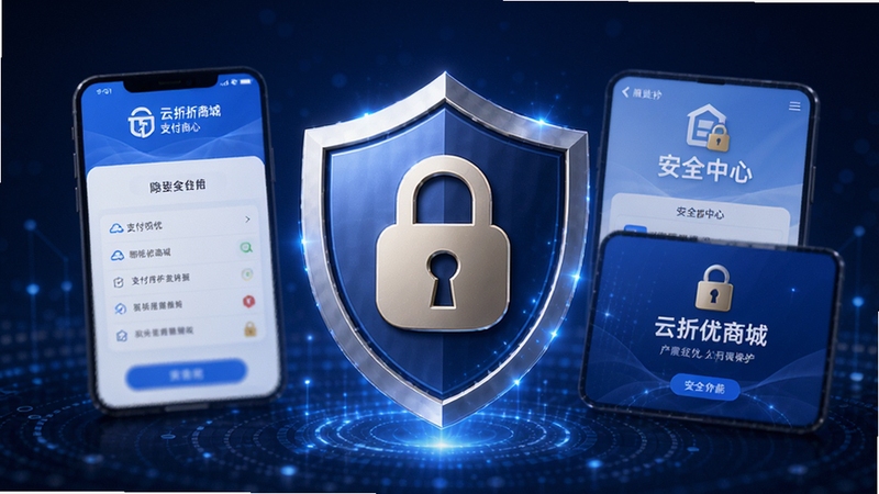 画面中心是一个盾牌与锁形图标组合,周围环绕云折优商城的支付界面与安全中心页面,背景为深蓝色科技感渐变,盾牌上有细微光效,整体传递安全可靠的视觉感受,突出支付与隐私保护功能,细节精致,适合安全类功能介绍配图