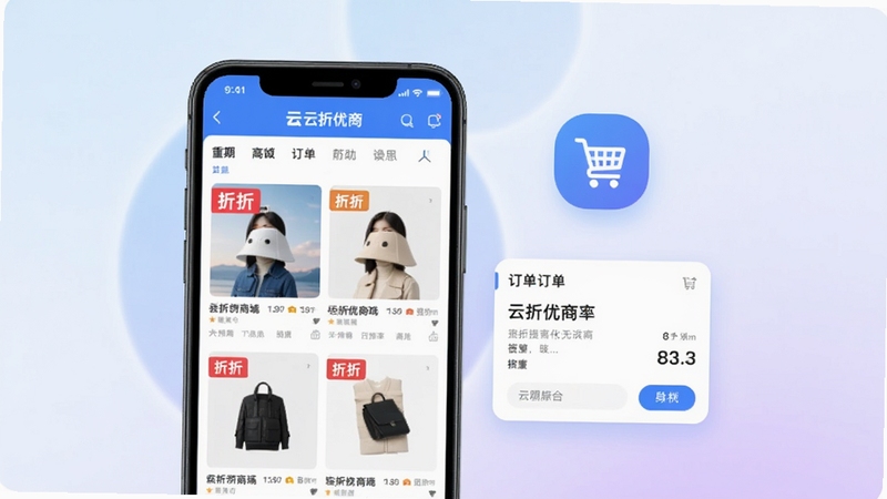 整体画面以云折优商城手机应用界面为核心,手机屏幕居中偏左展示商城首页商品瀑布流与折扣标签,右侧辅以购物车图标与订单卡片悬浮元素,背景为浅蓝到淡紫的渐变光晕,整体风格清新现代,构图干净,突出云折优商城的品牌标识与购物氛围