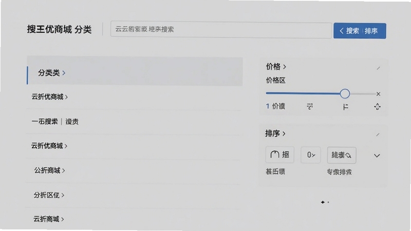画面以云折优商城的分类导航与搜索框为中心,左侧展示纵向分类列表,右侧为搜索筛选面板,面板上有价格区间滑块与排序选项,背景为淡雅的灰白色调,整体简洁商务,突出分类与搜索功能,构图规整,适合下载站展示图