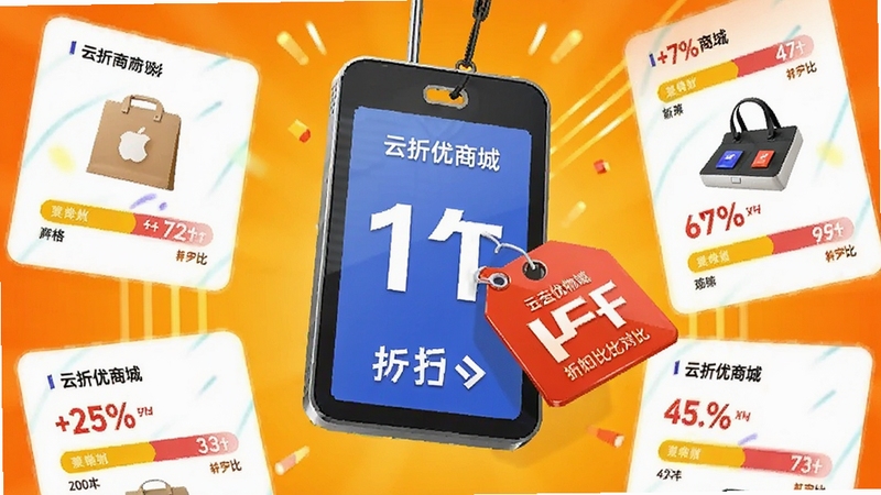 画面中央是一块悬浮的电子价签与折扣标签组合,周围环绕云折优商城的商品卡片,卡片上显示折扣百分比与价格对比条,背景为明亮的橙黄色渐变,整体呈现热闹的促销氛围,突出折扣比价功能,细节清晰,适合购物类应用宣传图