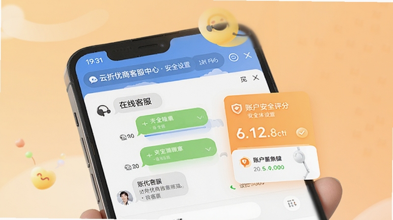 画面展示云折优商城的客服中心与安全设置页面,手机屏幕中可见在线客服对话框与账户安全评分卡片,背景为暖色调的浅橙色渐变,整体氛围亲切可信,突出售后与安全保障,细节清晰,适合问答区配图