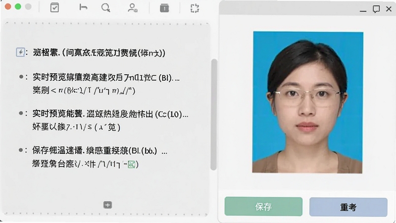 照片处理工具实时预览功能展示,画面为软件操作界面,左侧显示步骤提示文字,右侧为证件照预览窗口,窗口下方有保存和重置按钮,背景为淡灰色工作区