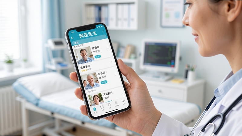 网医医生端移动接诊界面,医生手持手机查看患者图文咨询列表,背景为诊室环境,画面明亮清晰