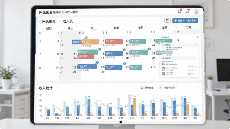 网医医生端排班与收入看板界面,日历标注接诊时段,下方显示收入统计图表