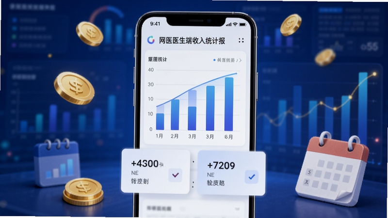 网医医生端收入统计报表界面,画面中心为手机屏幕显示柱状图与数字卡片,背景为深蓝渐变数据可视化风格,点缀金币与日历元素,整体呈现专业财务统计氛围
