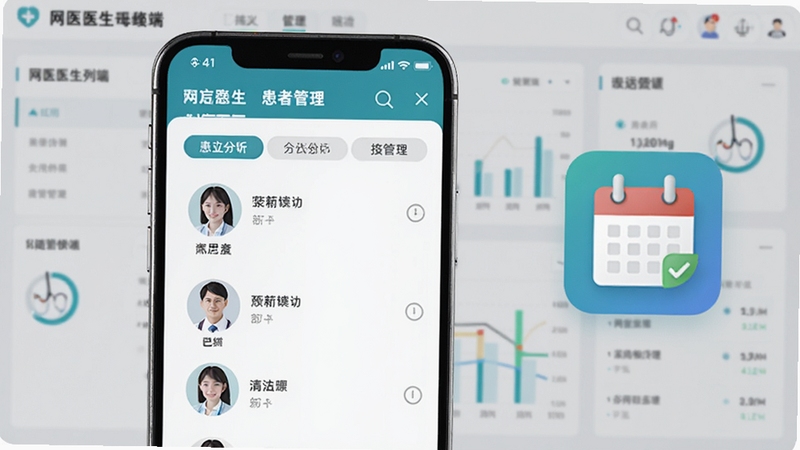 网医医生端患者管理列表界面展示,画面主体为手机屏幕显示分组标签与患者头像列表,背景为浅灰色医疗数据看板风格,画面右侧辅以随访日历图标