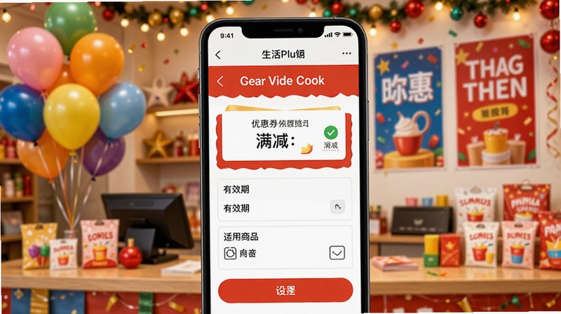 ����Plus�̼�Ӫ������ý��棬�ֻ���Ļչʾ�Ż�ȯ�༭ҳ�棬������������Ч�ں�������Ʒѡ�����Ϊ����װ�εĵ���ǰ̨���в�ɫ����ʹ��������������Χϲ�����֣�ͻ��Ӫ���ƹ�����