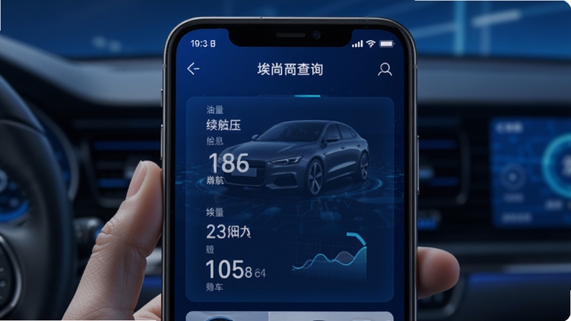 埃尚汽车app远程车况查询界面 手机屏幕显示车辆油量续航胎压信息 科技感蓝色背景