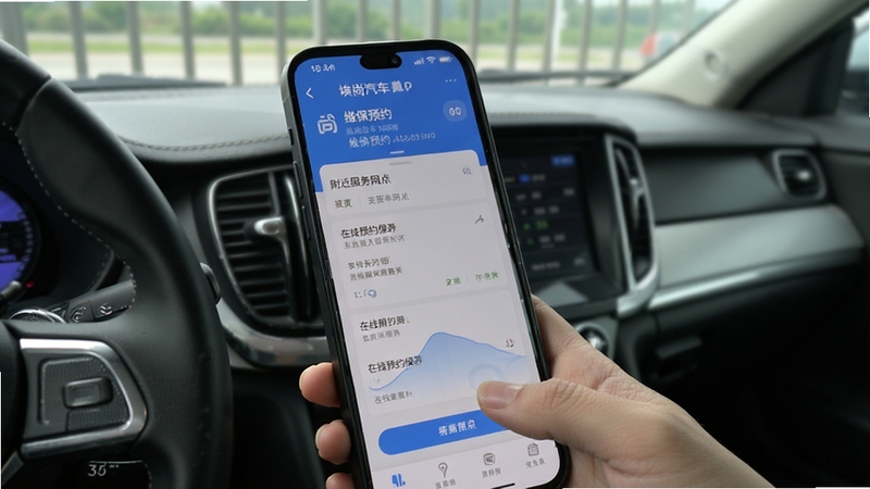 埃尚汽车app维保预约界面 附近服务网点 在线预约保养 手机操作展示
