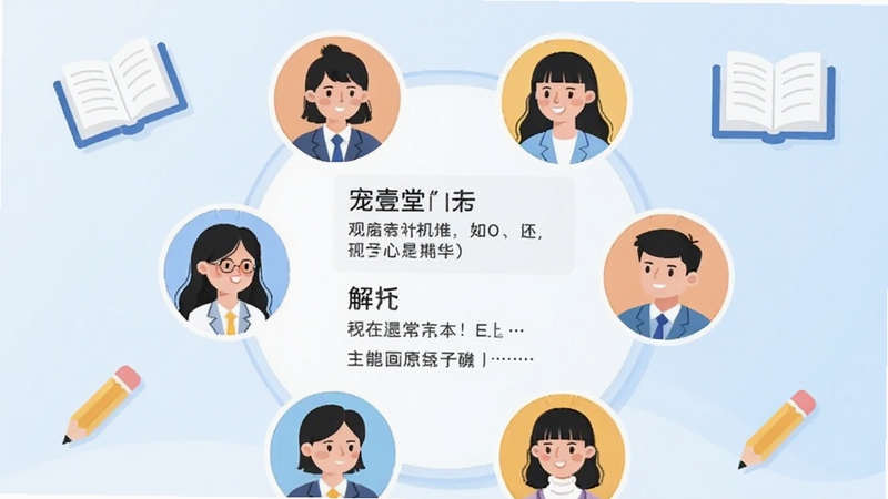宠壹堂APP学习社区界面截图风格插画,画面中有多位考生头像围绕一个讨论圈,圈内显示题目和解析,背景是淡蓝色渐变,有书本和铅笔图标点缀,整体风格扁平清新,适配Boogu模型生成