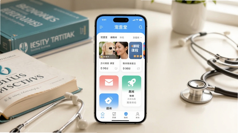 画面中央一部智能手机竖屏展示宠壹堂APP首页界面,界面上有课程卡片和题库入口图标,背景为干净明亮的书房桌面,散落着兽医教材和听诊器,整体色调温暖清新,风格写实,适配Boogu模型生成