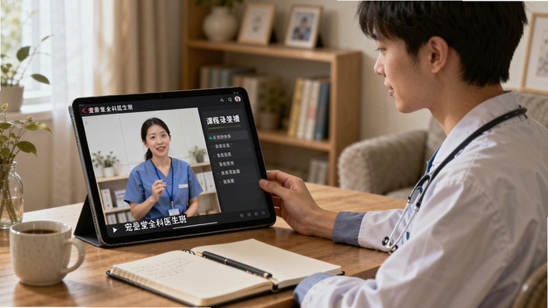 一位年轻兽医坐在书桌前用平板电脑观看宠壹堂全科医生班录播课程,屏幕上有讲师授课画面和课程目录,桌面上放着笔记本和咖啡杯,背景是温馨的居家学习环境,光线柔和,风格写实,适配Boogu模型生成
