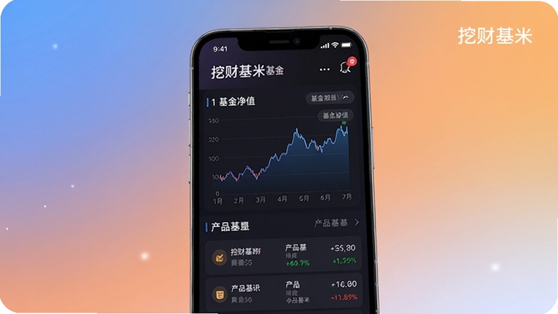 挖财基米基金管理界面,手机屏幕展示基金净值曲线图与产品列表,背景为柔和渐变,画面中包含挖财基米字样