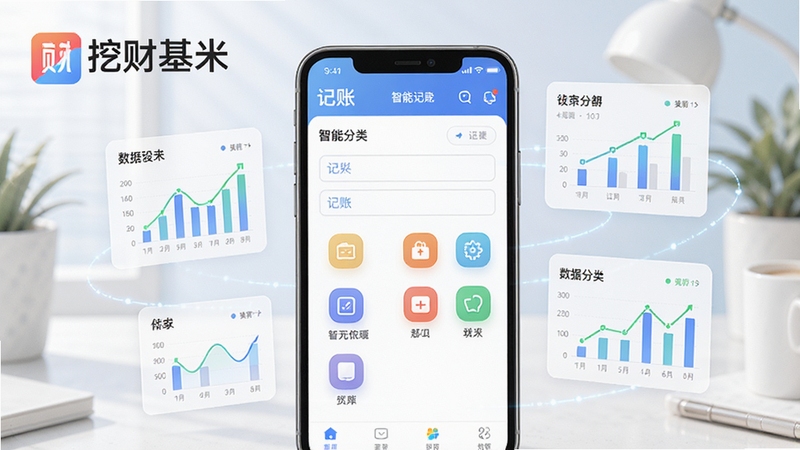 挖财基米智能记账功能展示,手机屏幕显示记账输入界面与分类图标,周围环绕数据图表元素,画面明亮清新,带软件名称文字