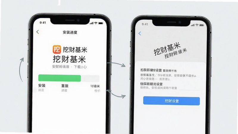 挖财基米下载安装步骤示意图,手机屏幕显示安装进度条与权限设置界面,画面清晰直观,包含挖财基米文字