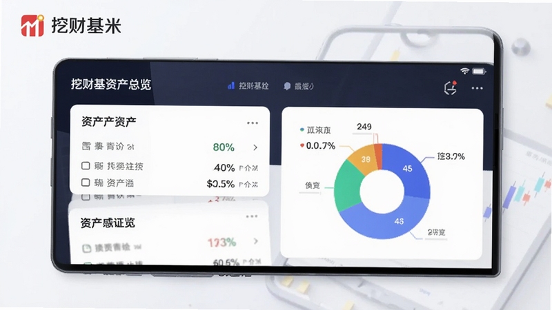 挖财基米资产总览页面,手机屏幕显示资产汇总卡片与饼状图,背景简洁商务风格,画面中带有挖财基米名称