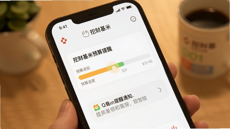 挖财基米预算提醒功能,手机屏幕显示预算进度条与提醒通知,画面温馨实用,包含挖财基米文字